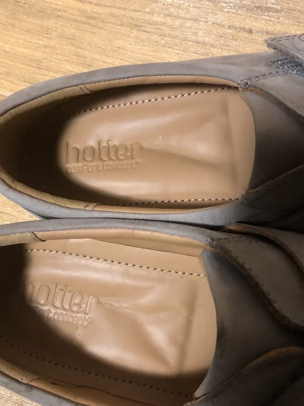 Hotter women gray nubuck loafers, one hook and loop side closure, 10